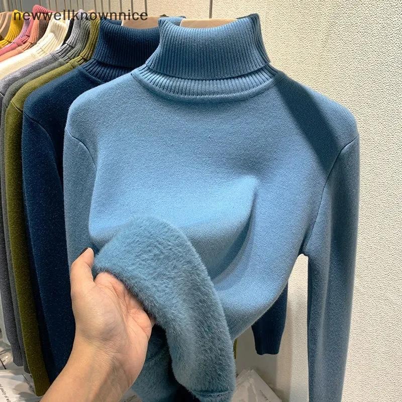 Newwellknownnice สีทึบคอเต่า Plus กํามะหยี่เสื้อกันหนาวผู้หญิง All-match นุ่มหนาถักด้านใน Outwear เสื้อกันหนาวผู้หญิง TH