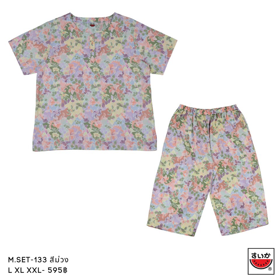 แตงโม (SUIKA) - เซ็ทชุดนอนผ้าป่านมัสลินเสื้อคู่กางเกง ลายดอกไม้ ( M.SET-133 )