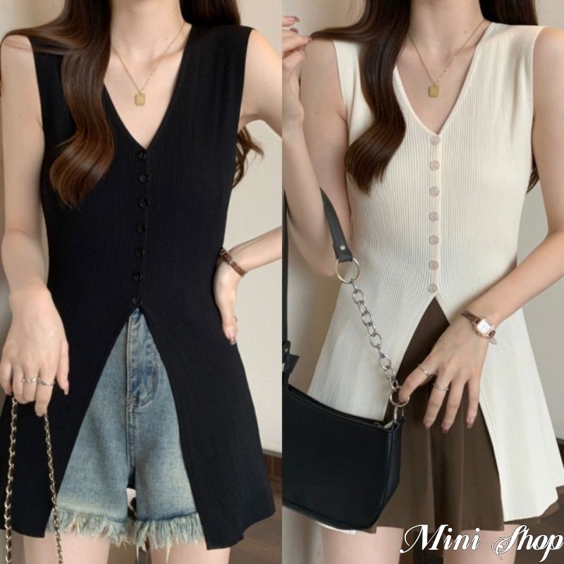 Mini shop🌸พร้อมส่ง🌸เสื้อกล้ามไหมพรม คอวี น่ารักคิคุ ผ้าร่องเล็กใส่ง่าย เสื้อกล้ามผู้หญิง(41091）