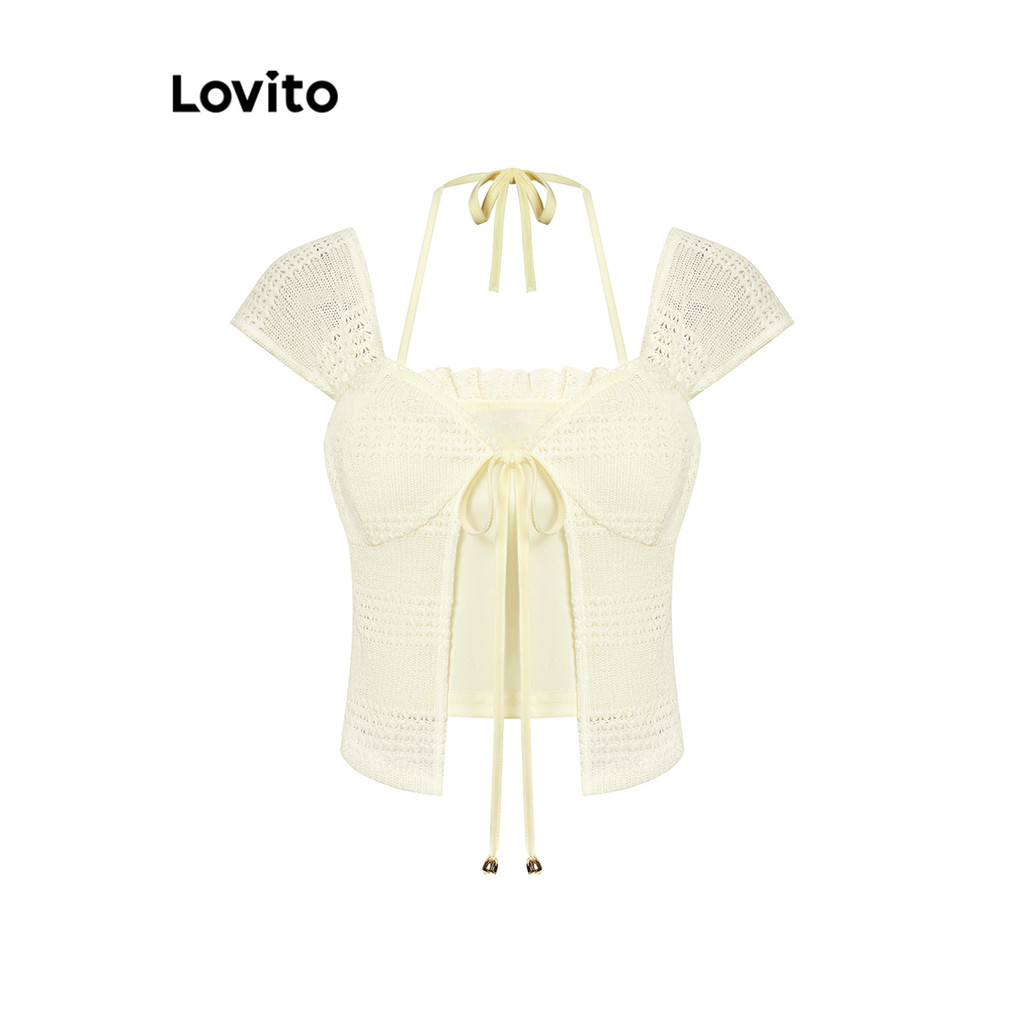 Lovito เสื้อยืดลูกไม้สำหรับผู้หญิงธรรมดาสบาย ๆ ล้วนปลอม 2 In 1 เสื้อยืดลูกไม้สำหรับผู้หญิง L101AD288