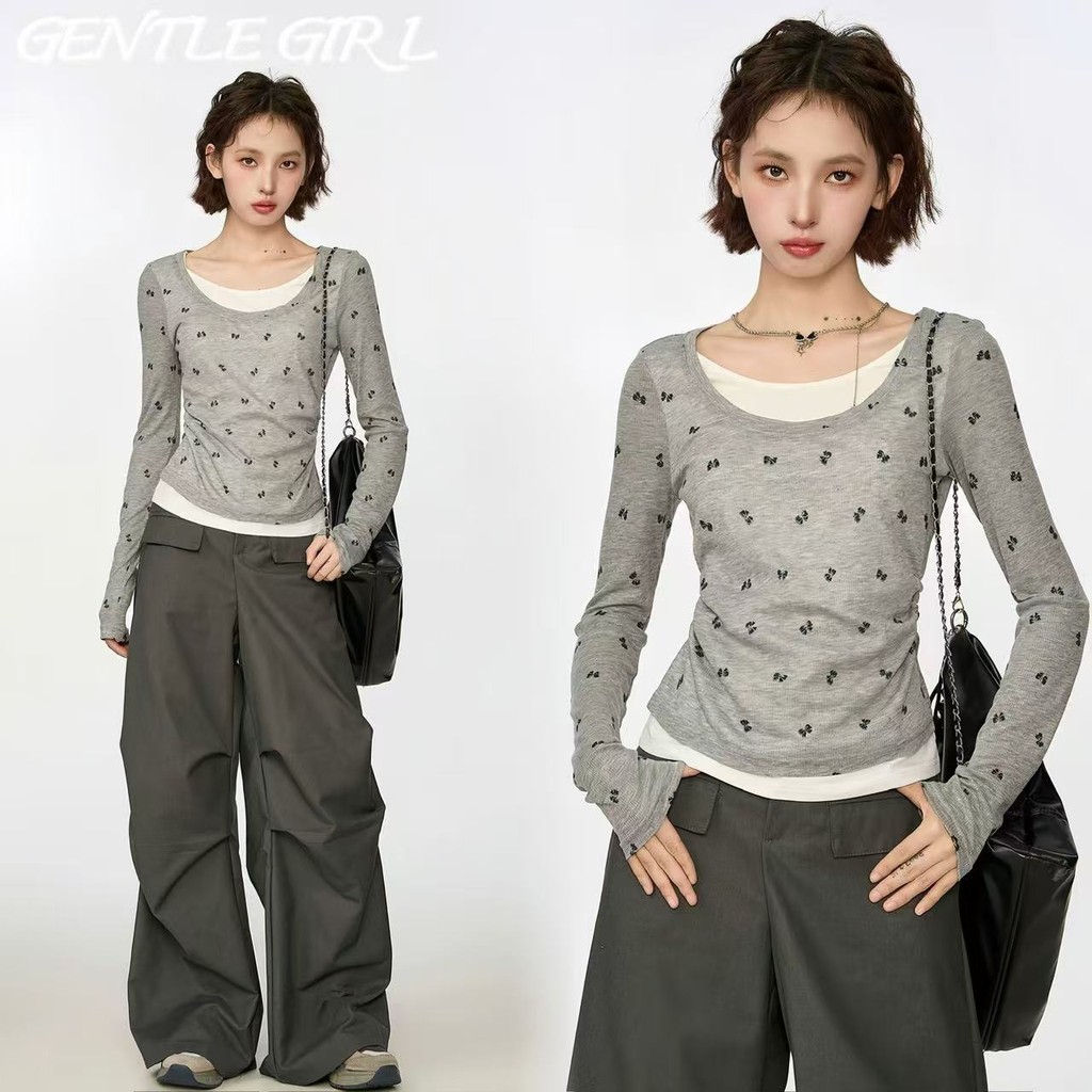#GG จัดส่งที่รวดเร็ว เสื้อยืดแขนยาวสองตัวเทาเท็จสีเทาและเสื้อเชิ้ตสั้นสไตล์เกาหลี