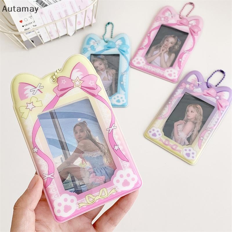 Autamay การ์ตูนหูแมว 3 นิ้ว Photocard Holder Kawaii Idol Photo เคสป้องกัน Id Card Cover Storage จี้พวงกุญแจผู้ถือบัตรใหม่
