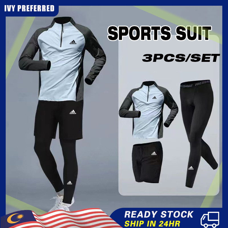 3PCS/SET Men's Sports Suit Running Gym Fitness Sportswear Quick Drying Compression Long Pants