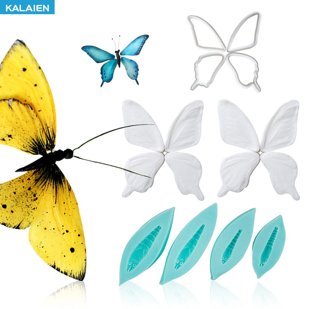 Kalaien ผีเสื้อ Fondant Mould ชุดผีเสื้อซิลิโคน Mould,ปีกผีเสื้อหลอดเลือดดําซิลิโคน Mould พร้อมปีกเครื่องตัดพลาสติก DIY Sugarcraft,Clay สําหรับตกแต่งเค้ก