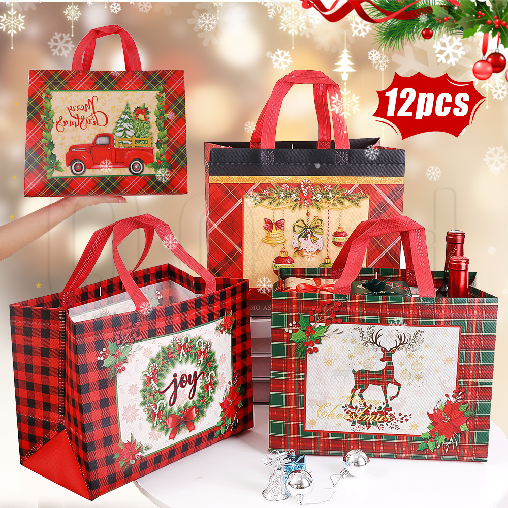 12 ชิ้น Christmas Series Present Pouch - Handheld Shopping Storage Bag - Xmas Gift Wrapped Pocket Handbag - กันน้ํา นํากลับมาใช้ใหม่ พับเก็บได้ - กระเป๋าโท้ตไม่ทอความจุขนาดใหญ่