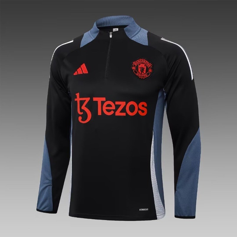24-25 Half Pull Manchester United Black Long Sleeve Jersey S-XXL Quick Dry Sports Soccer Top AAA