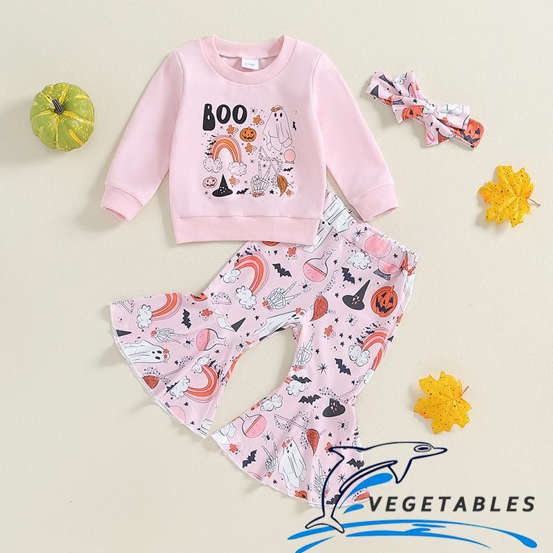 Zhy-kid Girls Pants Set Ghost Rainbow Print Sweatshirt with Flare Pants and Headband Halloween Cloth