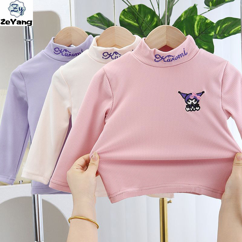 [ZY] 90-140 พร้อมสต็อกเด็กปักเสื้อยืดแขนยาวคอสูงฤดูใบไม้ร่วงฤดูหนาวเด็กทารกสบายๆ T การ์ตูน Bottoming เสื้อ All-Match Top เสื้อผ้าอุ่น Kuromi Ku