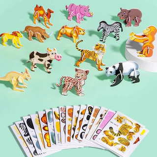 GeeToy ชุด 30 ชิ้น ของเล่นจิ๊กซอว์กระดาษ 3D สัตว์น่ารักและไดโนเสาร์จิ๊กซอว์ พัซเซิลการ์ตูนพกพาสำหรับเด็ก ของเล่นการศึกษาสำหรับเด็ก