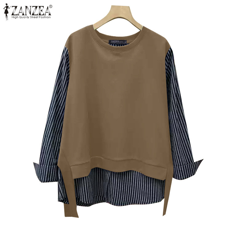 ZANZEA ซานเซีย ผู้หญิงเกาหลีลําลองรอบคอลายเสื้อแขนยาวเสื้อสวมหัว