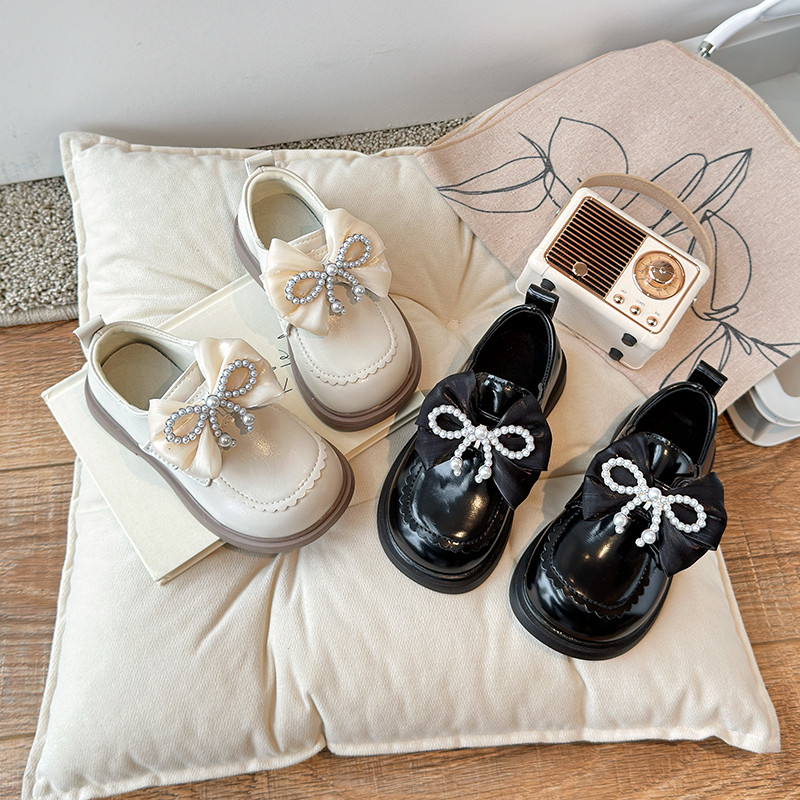 สไตล์เกาหลี Pearl Bowknot เด็กสาวหนังรองเท้าแบน Simple Frill Hook & loop Soft Sole สบายรองเท้าเด็ก 2-16 ปี
