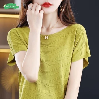 เสื้อถักผู้หญิงผ้าไหมน้ําแข็งแขนสั้นฤดูร้อนใหม่คอกลมลายคลื่นเสื้อถักเสื้อยืดทุกการแข่งขัน