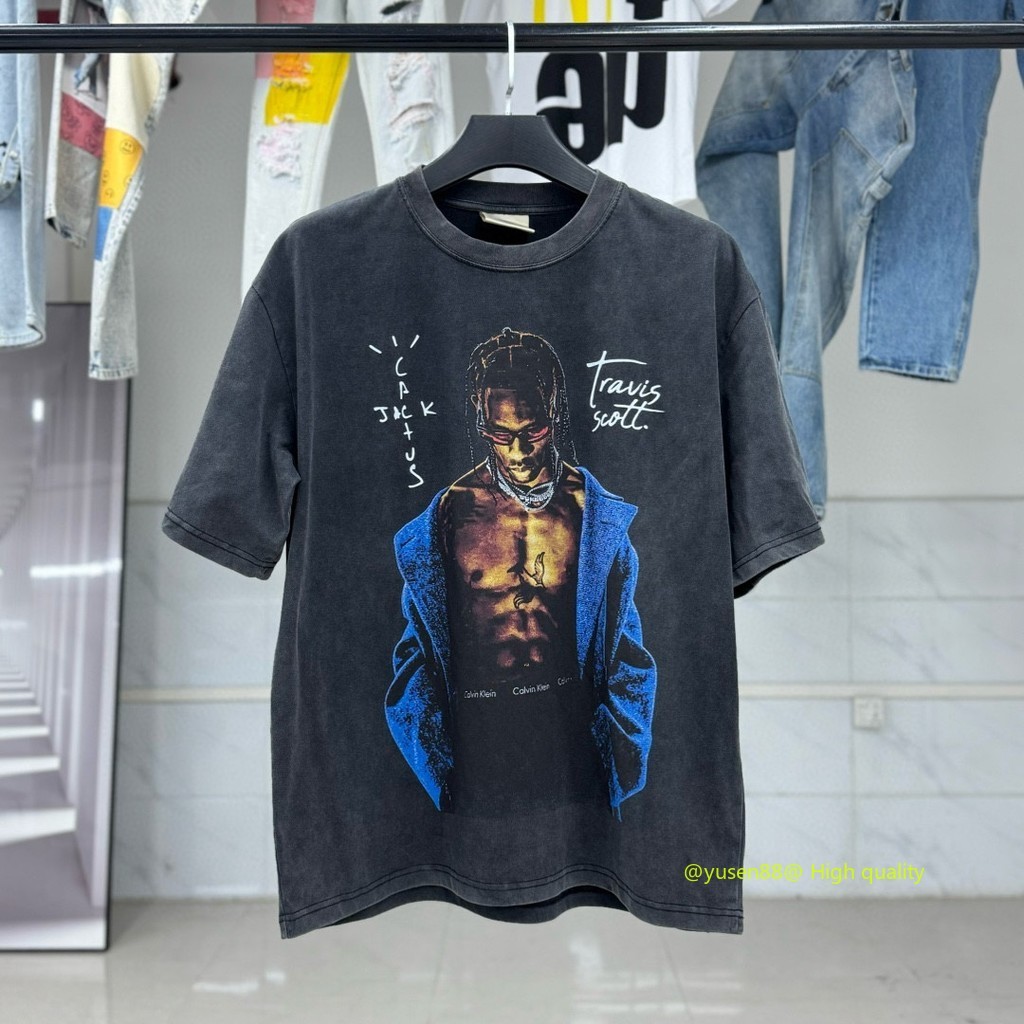 ขายร้อน Travis Scott BIG FACE Portrait Performance Limited ตลกพิมพ์ Retro Washed Distressed เสื้อยืดแขนสั้น