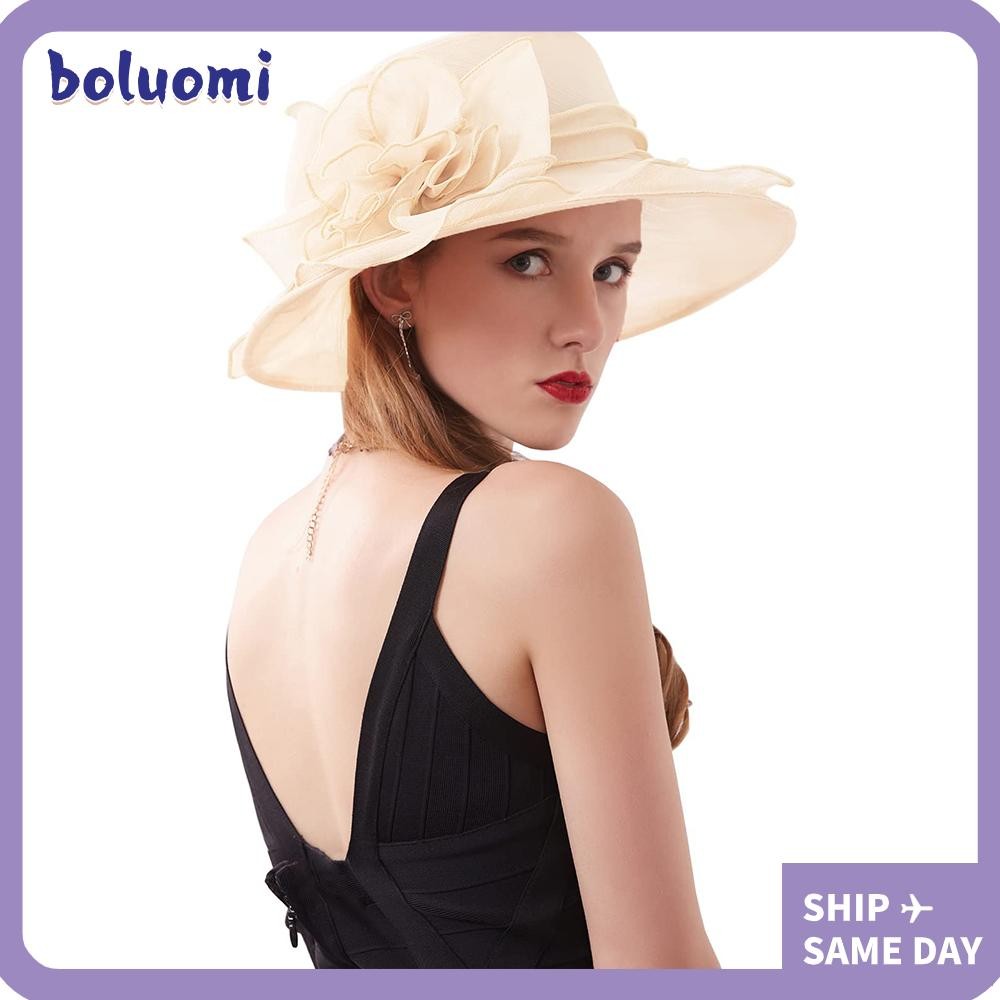 Boluomi Church Kentucky-Derby Fascinators, Ruffle รายละเอียด UV Protection Sun หมวก, แฟชั่นของผู้หญิง Organza ดอกไม้พับตาข่ายหรูหราหมวกฤดูร้อน