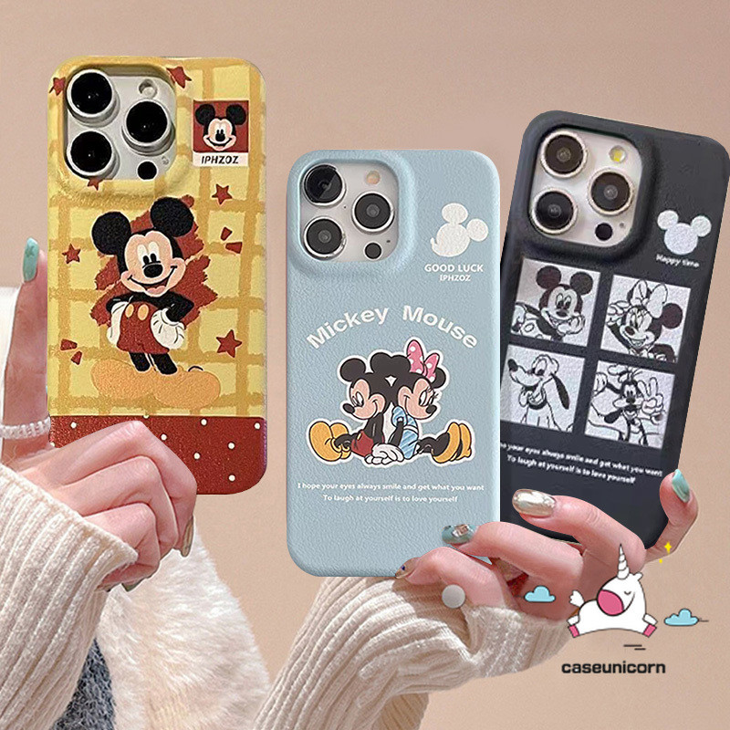 น่ารัก Checkered อินเทรนด์ Mickey Mouse Minnie คู่ Vintage Doodle กรณีสําหรับ IPhone 16 13 11 14 12 15 Pro Max 15 16 14 Plus 16Plus หรูหราผิวรู้สึกหนังเนื้อนุ่มกรณี