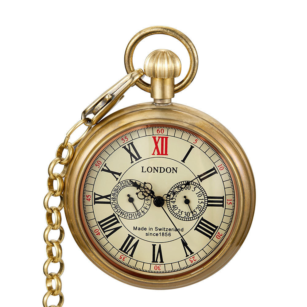 Mens Vintage Full Copper Hand-Wind Mechanical Second & 24 ชั่วโมง Sub-dials Pocket Watch ในกล่อง