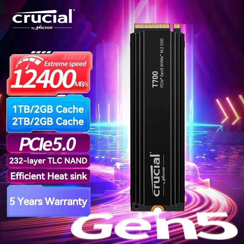 SSD Crucial T700 With Heatsink 12,400/11,800MB/s  PCIe Gen 5.0 x4, NVMe M.2 Internal Gaming เอสเอสดี