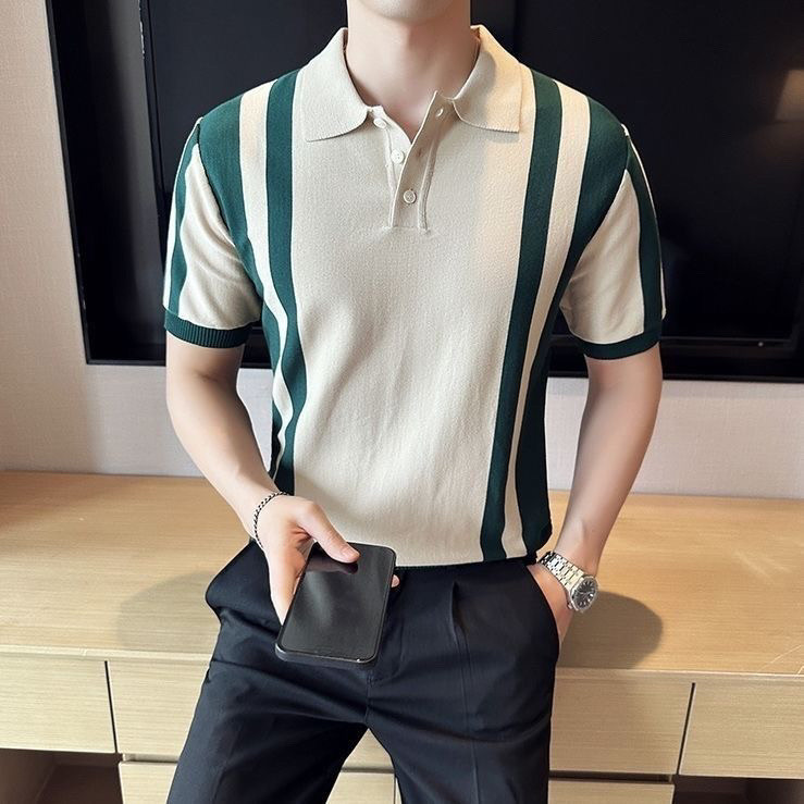 ผู้ชายแขนสั้นลายเสื้อยืดlapel Casual Topเสื้อโปโล