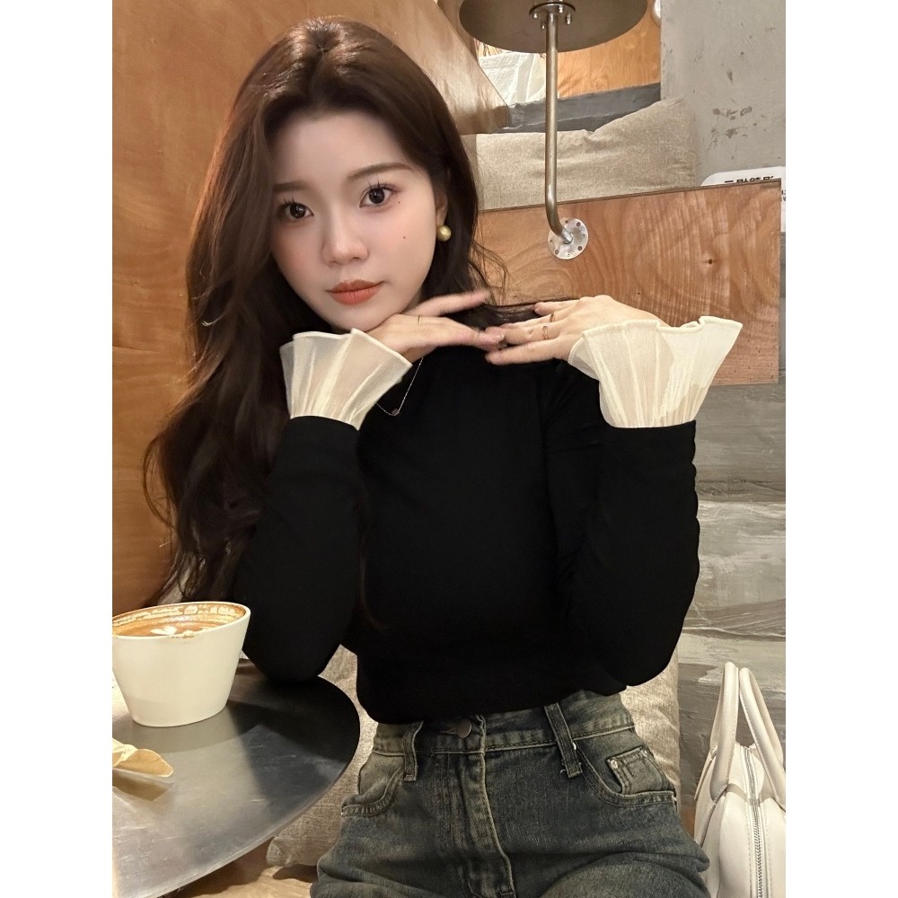 สินค้าสูง โล๊ะ!สีดําครึ่งคอสูงเยอรมันขนแกะแปรง จุดต่ําสุด เสื้อผู้หญิงฤดูใบไม้ผลิฤดูใบไม้ร่วงการออกแบบรู้สึกแขนบานด้านในด้านบน
