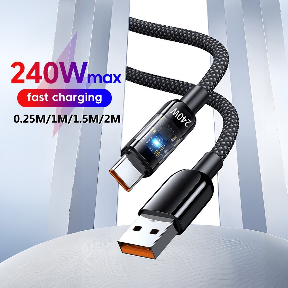 โปร่งใส 240W Super Fast Charging Type C Data Cable เหมาะสําหรับ Huawei Xiaomi Mobile Flash สายชาร์จ