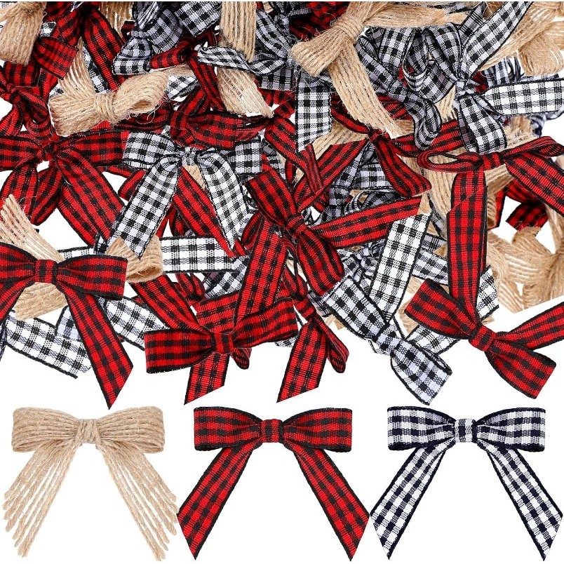10/30/50 ชิ้นคริสต์มาส Mini Buffalo Checkered Bow สีดําสีแดงสีขาวหยาบผ้าลินิน Checkered Craft ริบบิ้นโบว์ดอกไม้สติกเกอร์ใช้สําหรับ DIY ต้นคริสต์มาสตกแต่งบ้านของขวัญ