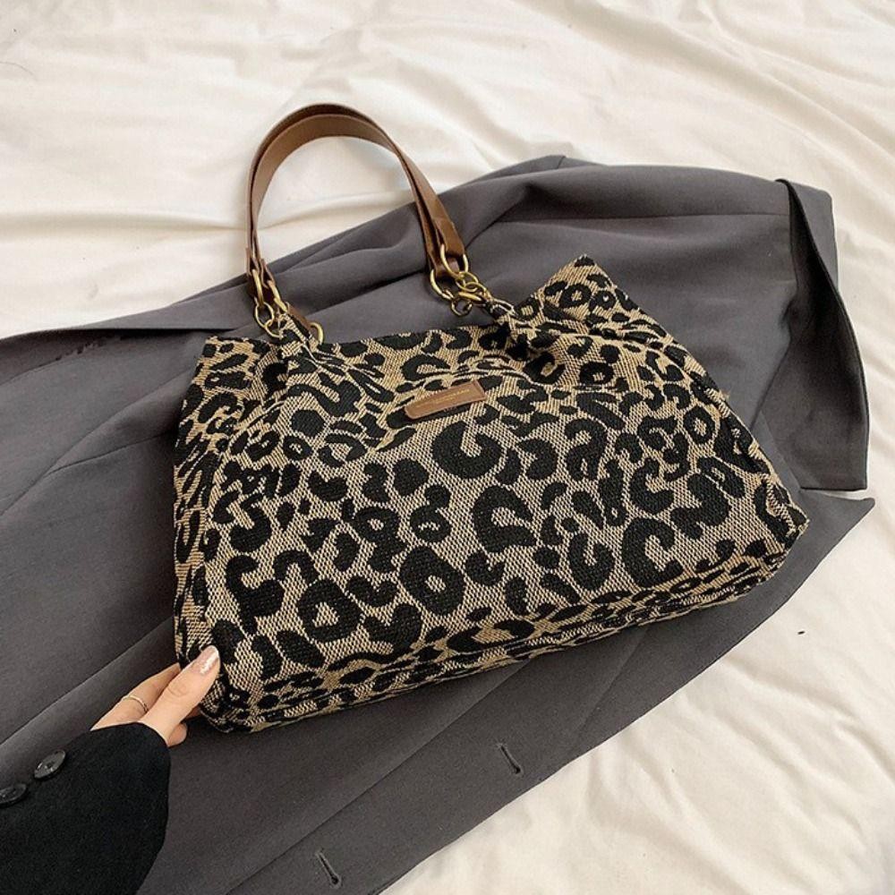 Easts Tote Bag กระเป๋าสะพายผ้าแคนวาสลายเสือดาว กระเป๋าใต้วงแขนความจุขนาดใหญ่แบบลําลอง ผู้หญิง