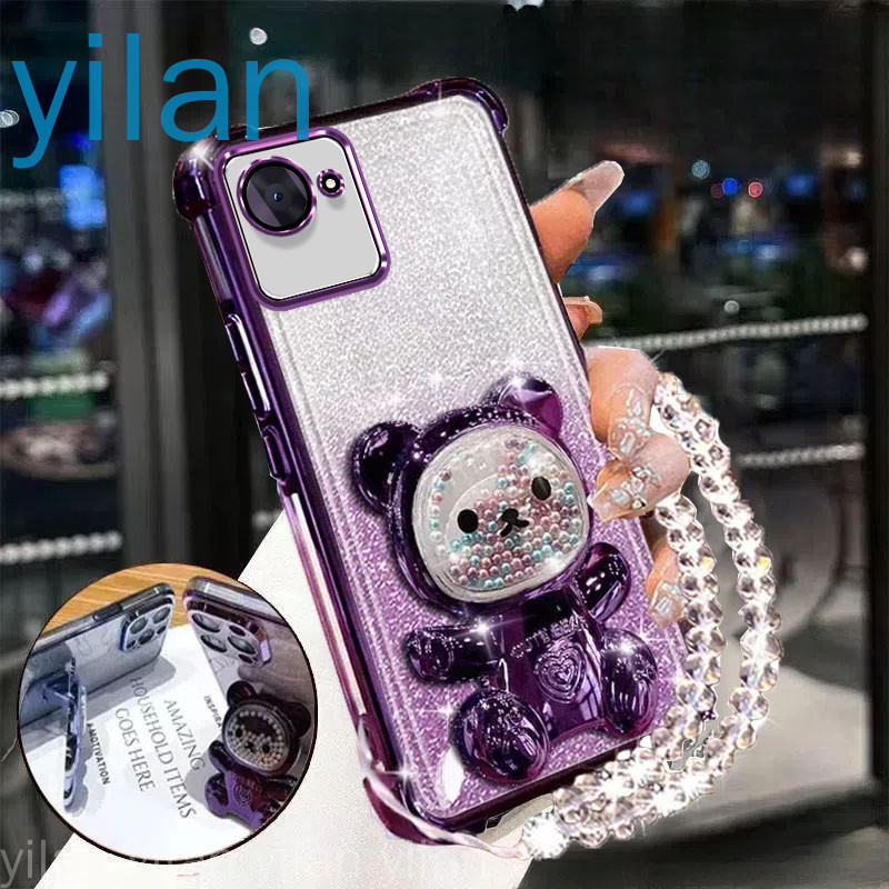 เคสโทรศัพท์กันกระแทกสําหรับRealme C30 30s Narzo 50i Primeสี่มุมAnti DROPน่ารัก 3Dสีสันผู้ถือหมีวงเล็บฝาครอบคริสตัลสร้อยข้อมือsoftcase