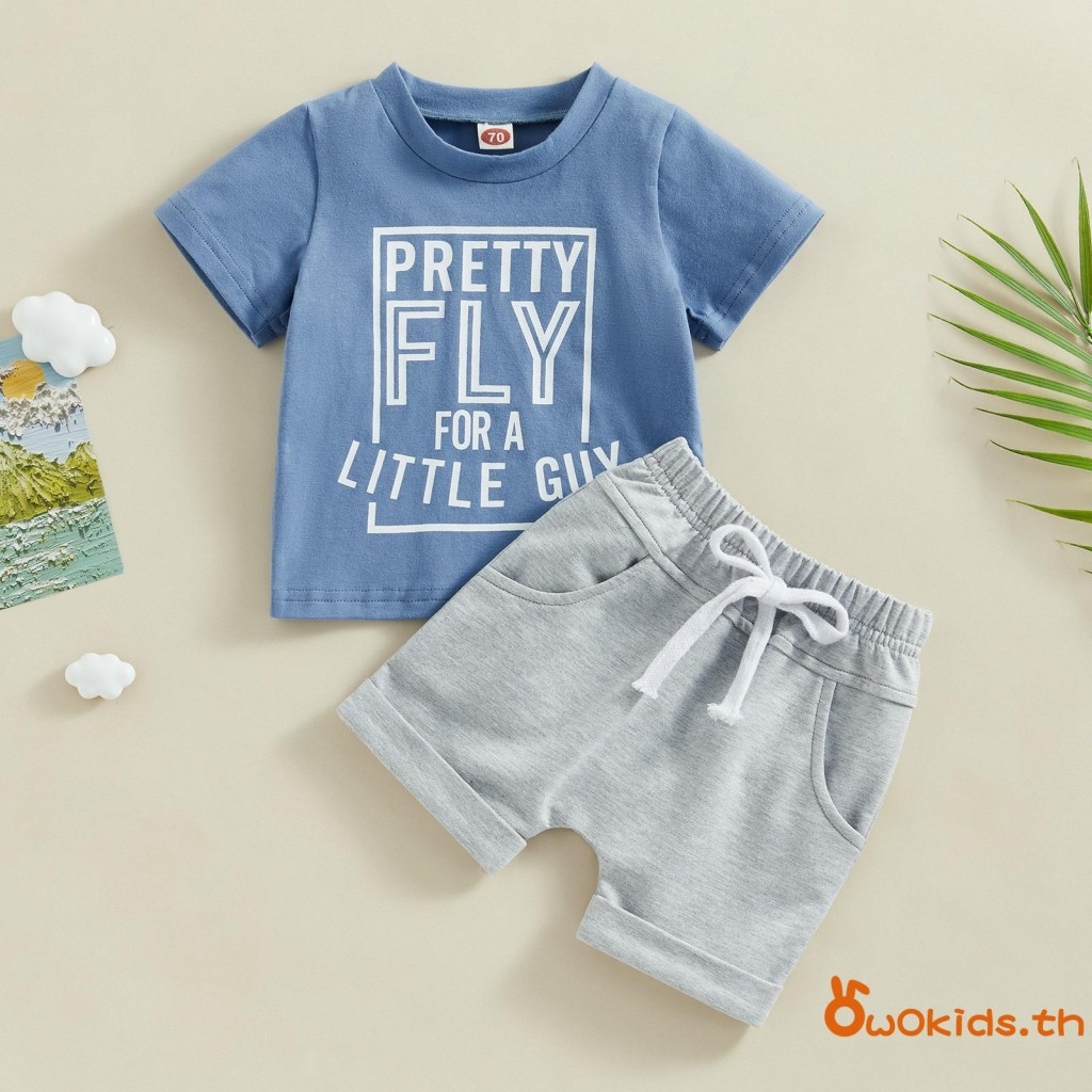 Baby Boys ชุดเซ็ตฤดูร้อน แขนสั้น ลายตัวอักษร พิมพ์บนเสื้อยืดและกางเกงขาสั้นเอวยางยืด