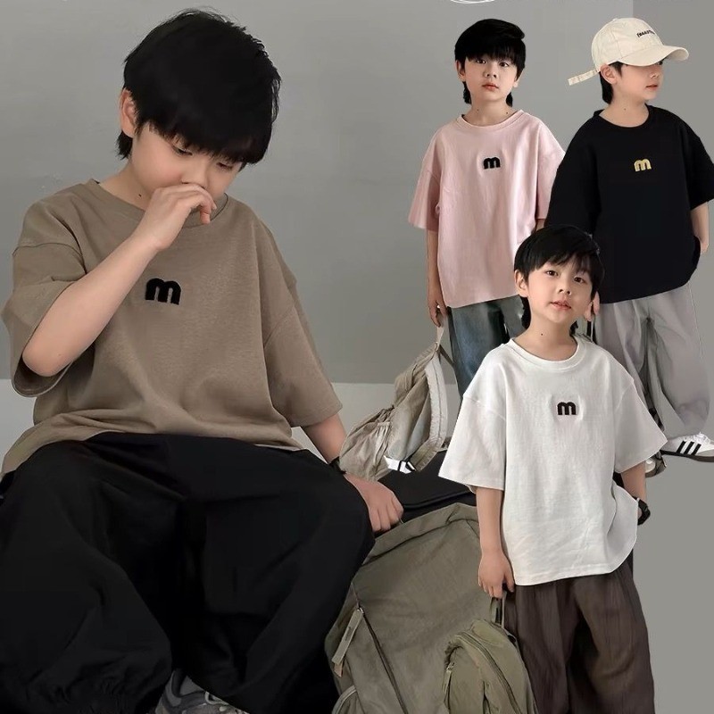 (15-50kg) ผ้าฝ้าย 100% การ์ตูนพิมพ์เสื้อแขนสั้นเสื้อยืดแฟชั่นฤดูร้อน Tops