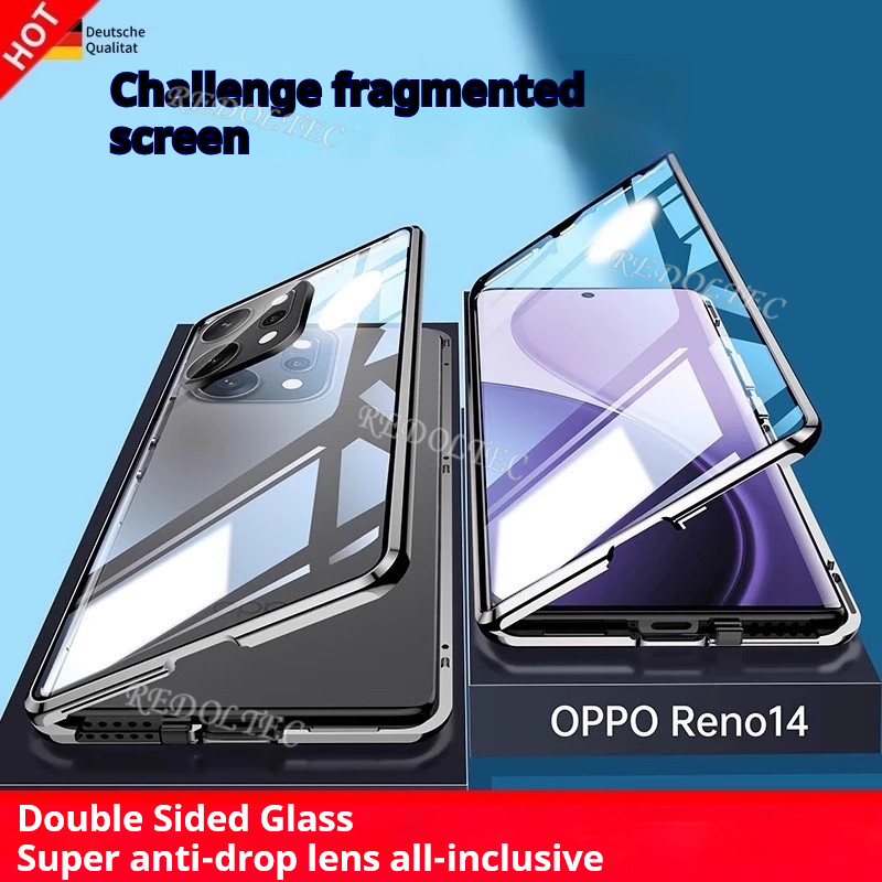 OPPO Reno 14 14Pro 5G ปลอก 360 ป้องกันเลนส์เต็มเคสโลหะแม่เหล็ก OPPO Reno 14 Pro Reno14 Pro สองด้านด้านหน้ากระจกด้านหลังฝาครอบโทรศัพท์เต็มตัวพร้อมหัวเข็มขัดล็อค
