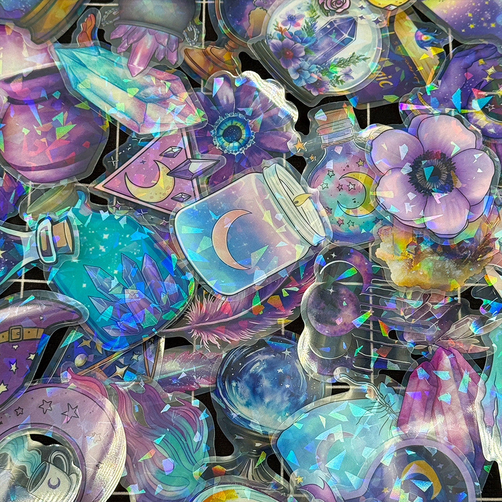 สติกเกอร์ใสแนวอินสตาแกรม แม่มดเวทมนตร์ 50ชิ้น กันน้ำ PET Magic Witch Holographic Sticker