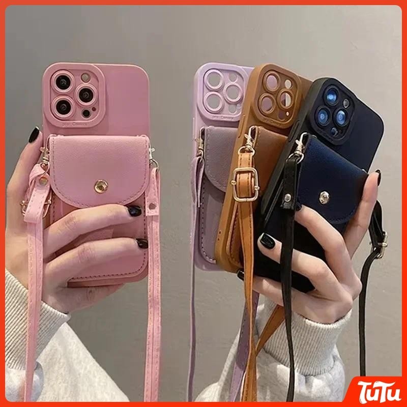 TuTu Crossbody Card Slot กระเป๋าสําหรับ iphone 16 11 12 13 14 15 Pro Max 7 8 Plus X Xs Max XR เคสโทรศัพท์กันกระแทกหรูหราสายซิลิโคน เคสกันกระแทก เคสซิลิโคน เคสไอโฟน11