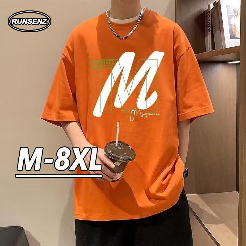 เสื้อยืดชายสไตล์เกาหลี สีฟ้า แขนสั้น ไซส์ M-8XL ลายหลวมสำหรับใส่ลำลอง