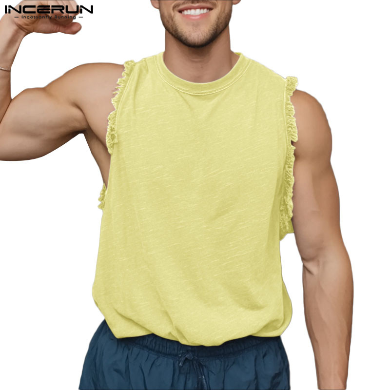 INCERUN ผู้ชาย Vintage Minimalist คอกลมพู่ Splicing แขนกุดถังสีทึบ