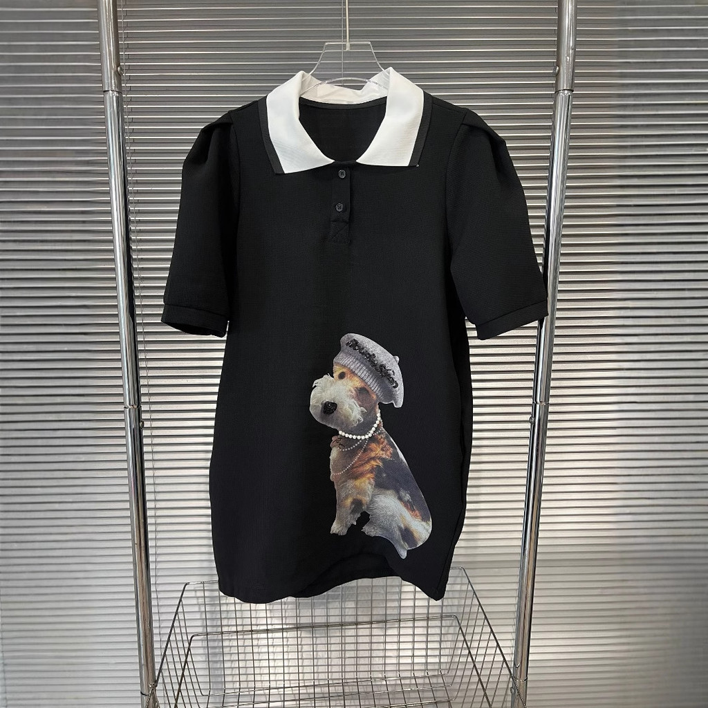 QQ52 2025Summer Fashion Loose Fit Puppy Pattern Turn-down Collar Puff Sleeve Short Sleeve Mid-length