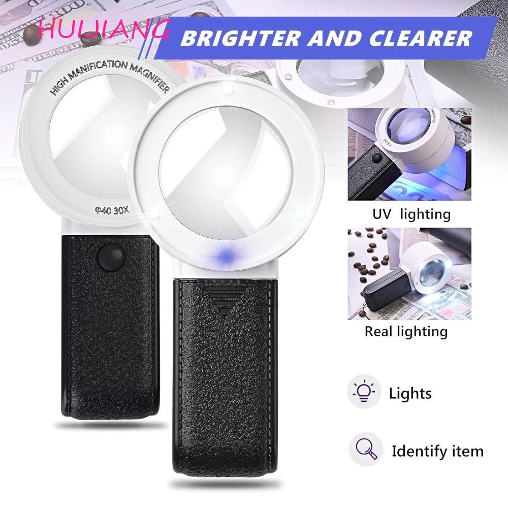 HUIJIAN แว่นขยาย 30X เลนส์ HD แบบพกพา พร้อมไฟ LED 4 ดวง สําหรับอ่านหนังสือและตรวจงาน Loupe