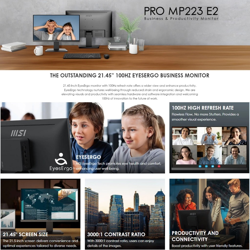 MSI PRO MP223 E2 (VA,DP,HDMI) จอมอนิเตอร์ขนาด 21.5″ 100Hz 1ms ✅รองรับ Adaptive-Sync ✅ความละเอียด 1920 × 1080 (FHD) ราคา ถูกที่สุด ดีลบีเคเค แกลเลอรีภาพที่ 5