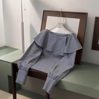 Chili Koko เสื้อเชิ้ตลายทางสำหรับผู้หญิง ดีไซน์ใหม่ ขอบระบาย ท็อปสวย ทันสมัย อเนกประสงค์ เสื้อผ้าผู้หญิง 99106