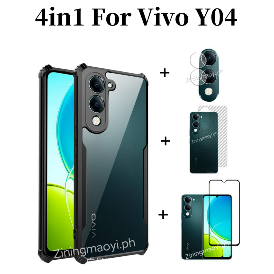 4in1 Vivo Y04 เคสโทรศัพท์กันกระแทกสําหรับVivo Y29S Y03 Y03T Y19Sกระจกนิรภัยและเลนส์ฟิล์มด้านหลัง