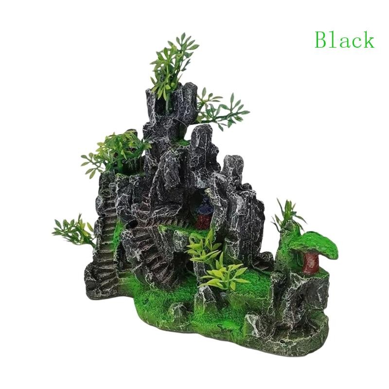 สีดําตกแต่งถ้ําภูเขา Rockery ตุ๊กตาภูมิทัศน์สําหรับสัตว์เล็ก Habitats