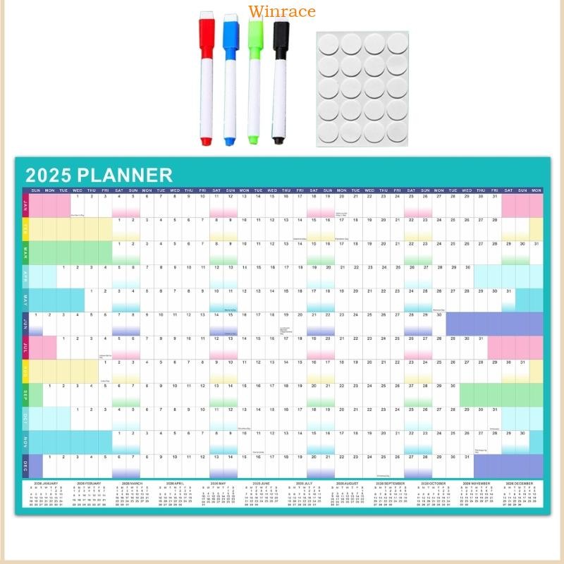 WRC 2025 ปฏิทินติดผนัง นักวางแผนรายปีพร้อมสติกเกอร์จุดกาวสองหน้า Erasable Marker 12 เดือนปฏิทิน Wall