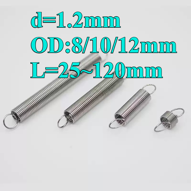 304 สแตนเลส สปริงแรงดึง/สปริง d=1.2mm,OD8/10/12mm,L=25~120mm สปริงดึงพร้อมตะขอ ทาประตูโรงรถ ขัดเงา เ