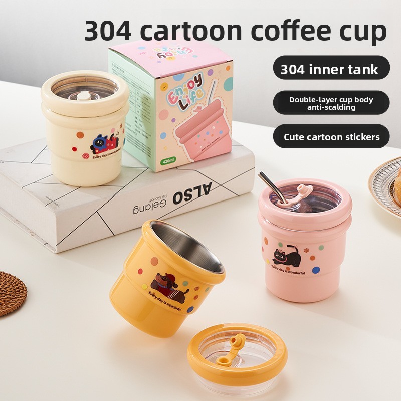 แก้วกาแฟการ์ตูน 304เอสเอส - ถ้วยสแตนเลสหุ้มฉนวนพร้อมฟางแบบพกพารั่วซึมโฮมออฟฟิศ การท่องเที่ยว