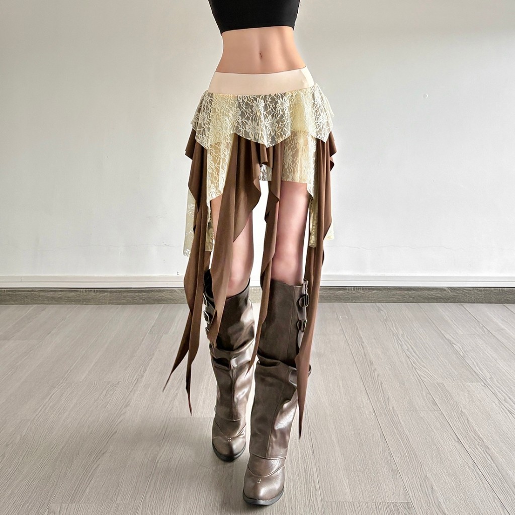 Kliou กระโปรงแฟชั่นลูกไม้ไม่สม่ําเสมอ Patchwork Stacked ริบบิ้นผู้หญิงที่ไม่ซ้ํากันฤดูร้อนสบายๆเซ็กซี่ร้อน Chick Street สไตล์