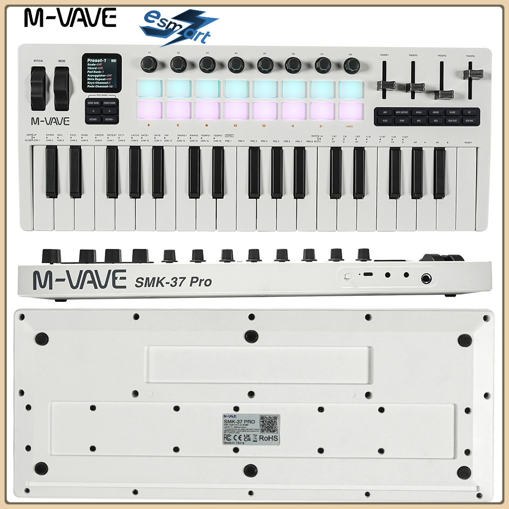 M-VAVE SMK-37 PRO MIDI คีย์บอร์ด - ตัวควบคุม USB 37 คีย์พร้อมแผ่น RGB 16 ชิ้น, ปุ่ม 8 ปุ่มและรวม DAW