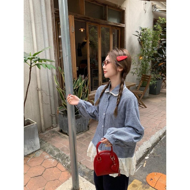 LINNA~Xเวอร์ชั่นเกาหลี ตาหมากรุก ขอบลูกไม้ แขนยาว เสื้อเชิ้ต สไตล์ใหม่ แฟชั่น สไตล์หวาน - รูปที่ 3