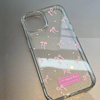 เคส iPhone 16 Pro Max iPhone 11 เคสใสแบบแวววาว TPU นุ่มสีสันสดใส หัวใจและโบว์สีชมพูน่ารัก Compatible iPhone15