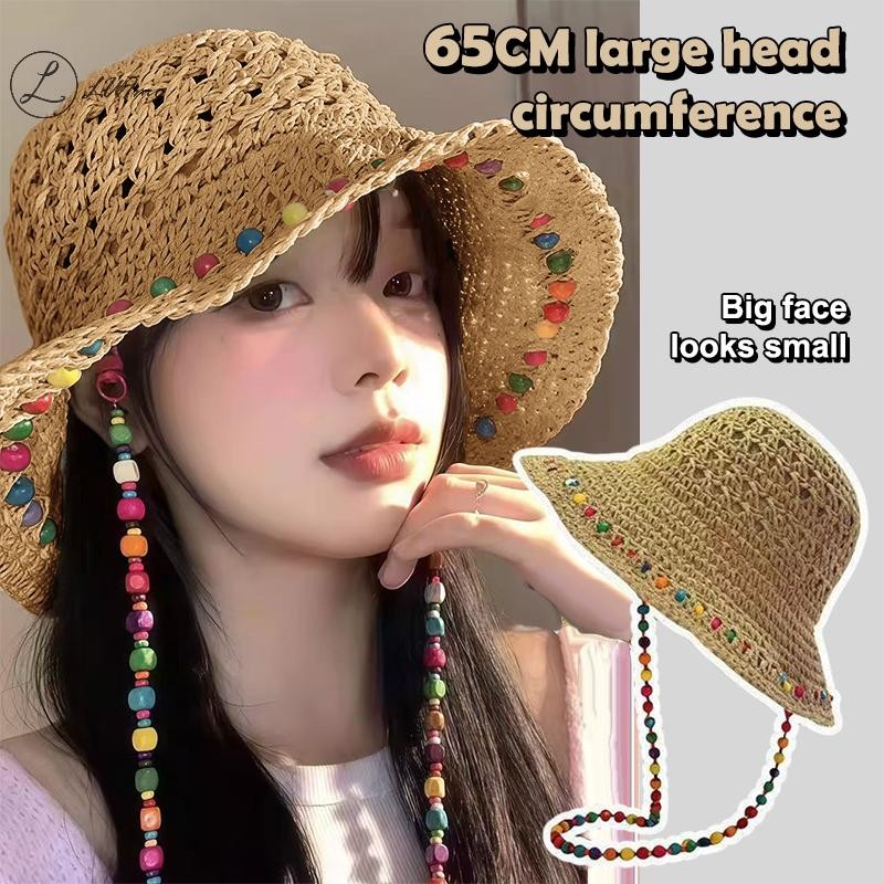 LUImo Boho หมวกฟางสีลูกปัด พร้อมขอบกว้าง พับเก็บสะดวก เหมาะสำหรับการท่องเที่ยวทะเล