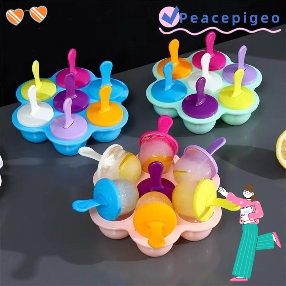 PEACEPIGEO ถาดน้ําแข็ง, 7 หลุมพร้อมที่จับแม่พิมพ์ไอศกรีม, ซิลิโคน DIY ซิลิโคนเกรดอาหารแม่พิมพ์ไอติมผลไม้สมูทตี้