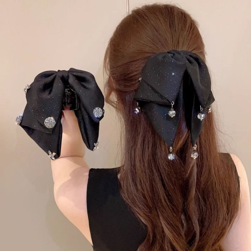 คลิปโบว์ซาตินสำหรับผู้หญิง กิ๊บทิ้งทรงหางม้า เครื่องประดับผมหรูหราและอ่อนโยน